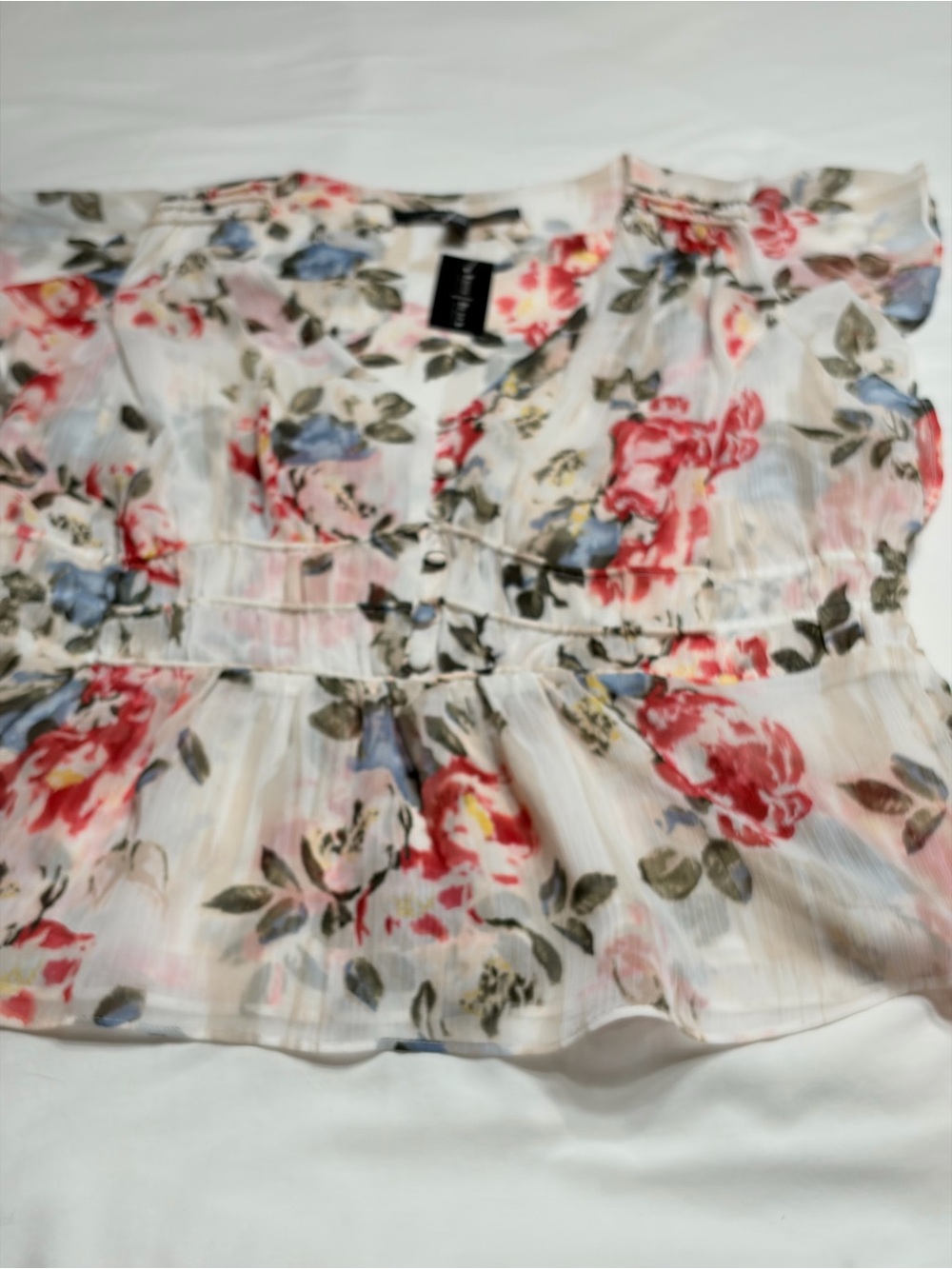 White House Black Market Floral V-Neck Peplum Blouse - White/Pink/Blue - Picture 2 of 16